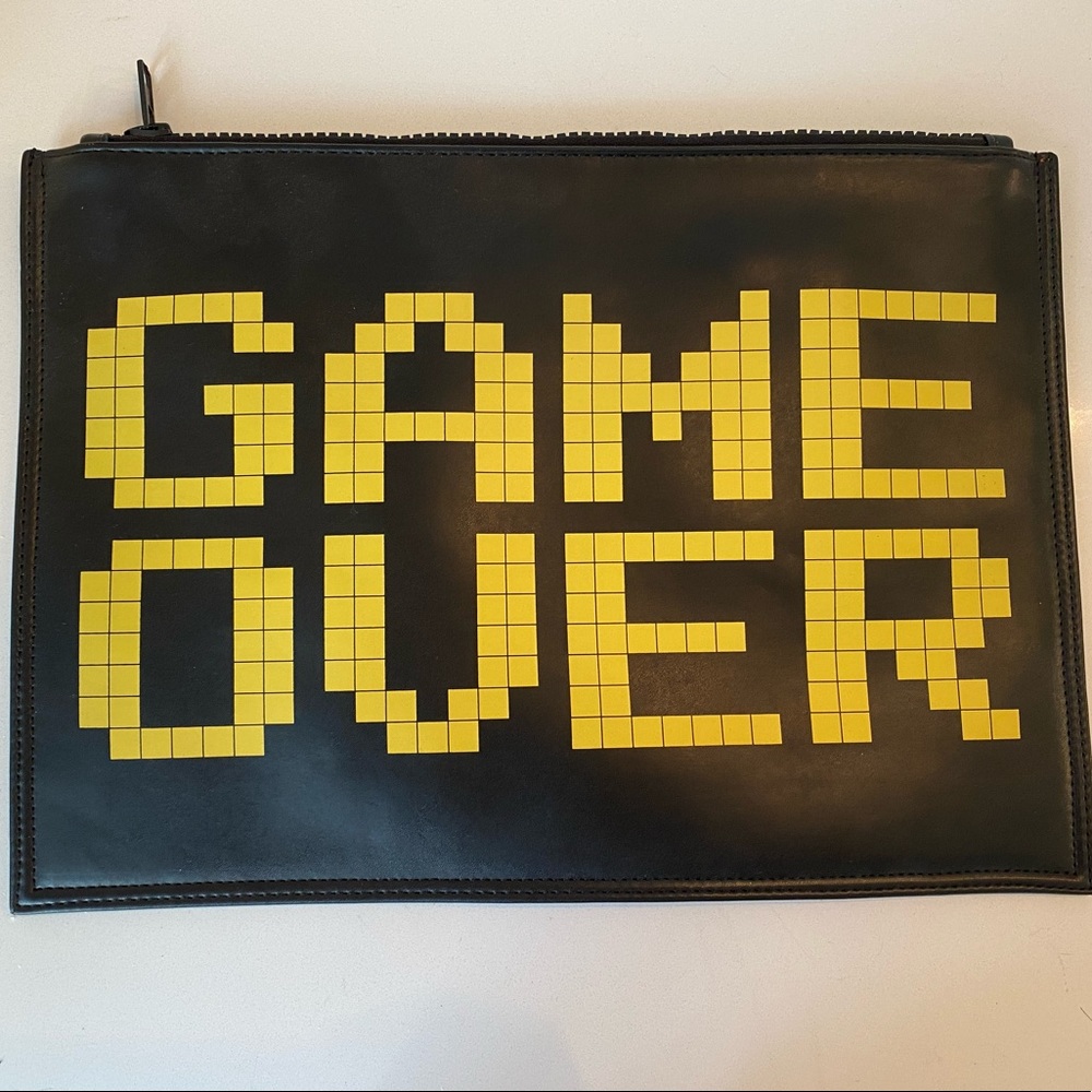 Black leather “GAME OVER” Clutch, Laje, WORN ONCE